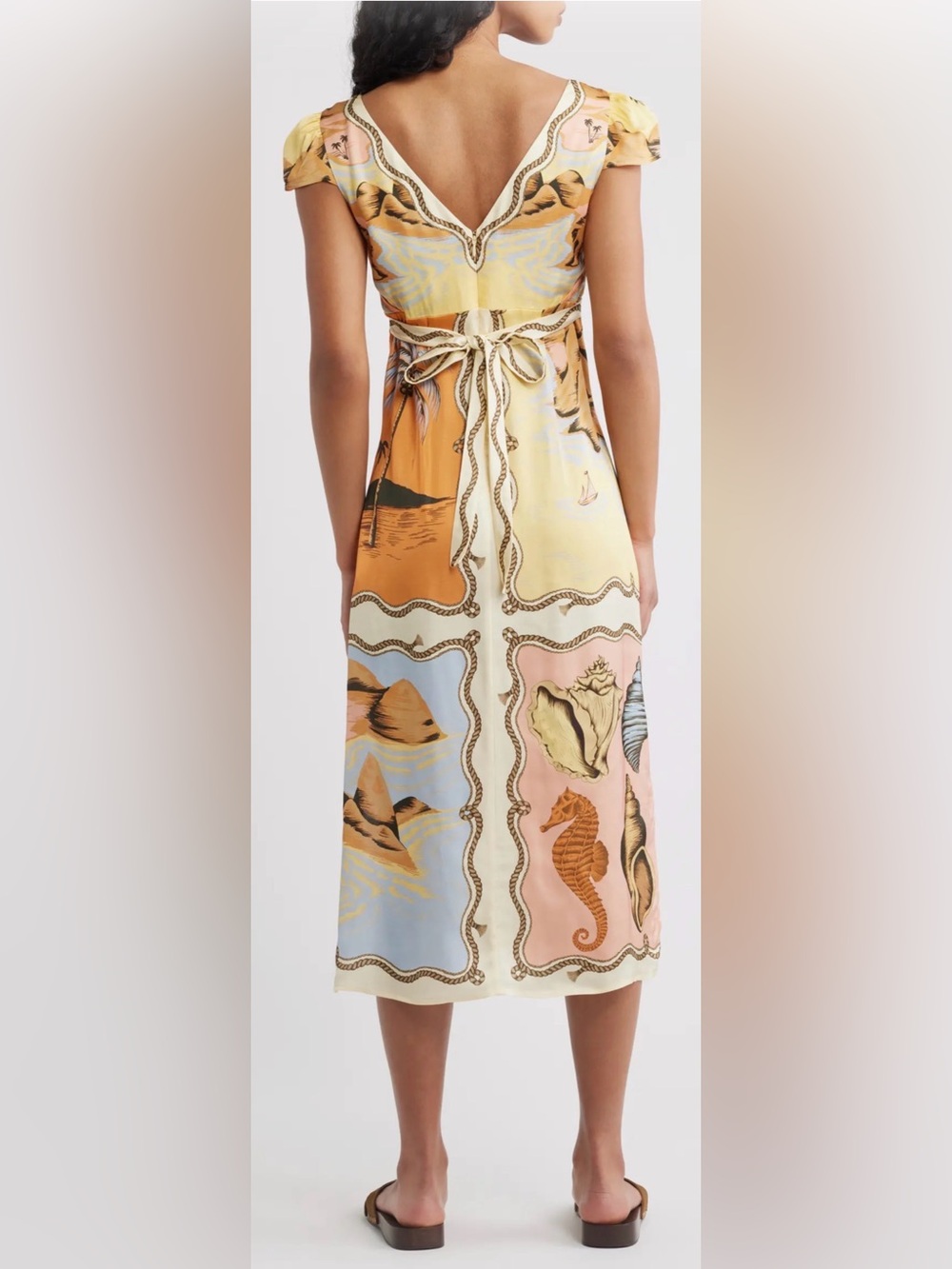 FARM Rio Tropical Shell-Print Midi Dress in Peach, Mustard & Cream - Picture 3 of 7